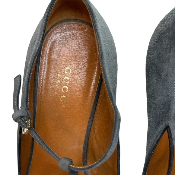 Gucci Betty T Strap Peep Toe Grey Suede Pumps 37 - Picture 8 of 16